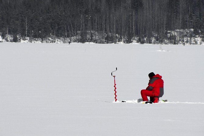 Ice Fishing and Husky - Ice Fishing on the Frozen Lake: A Guide, a Spot, and Patient Waiting