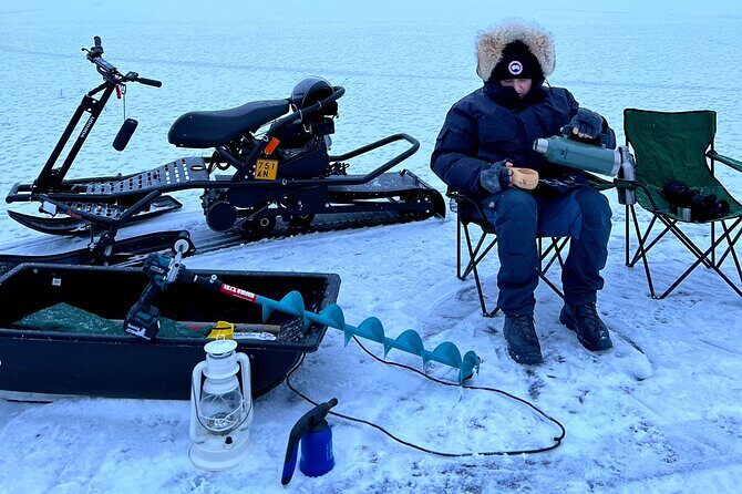 VIP Ice Fishing "ICEBREAKER" Lunch in Glass Igloo - Ice fishing on a frozen lake: instruction, drilling, and fish reality